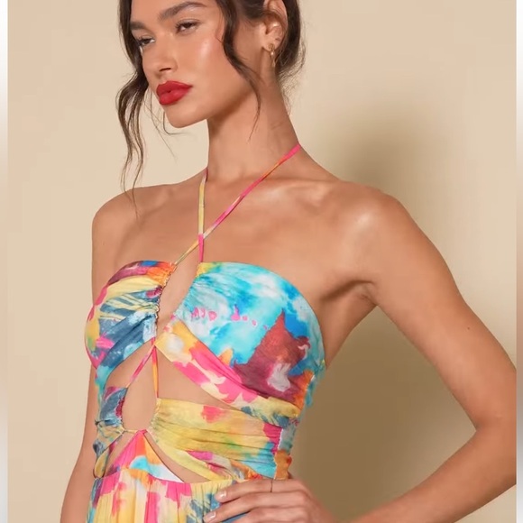 LULUS Stunning One Multi Abstract Print Drawstring
Halter Maxi Dress size M Sun - Picture 3 of 10